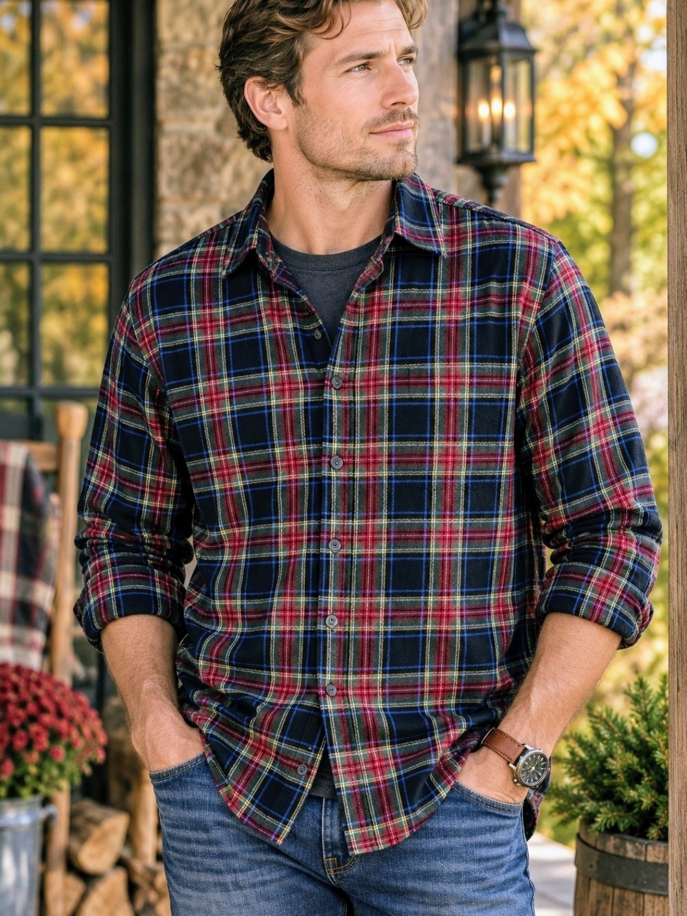 L.L.Bean Men's 100% Cotton Flannel Shirt Plaid Navy Burgundy Green S Fall Staple